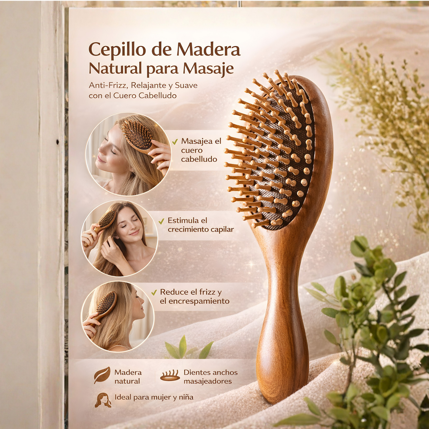 Peine de aire de sándalo de lujo: cepillo de dientes finos que masajea el cuero cabelludo para todo tipo de cabello.